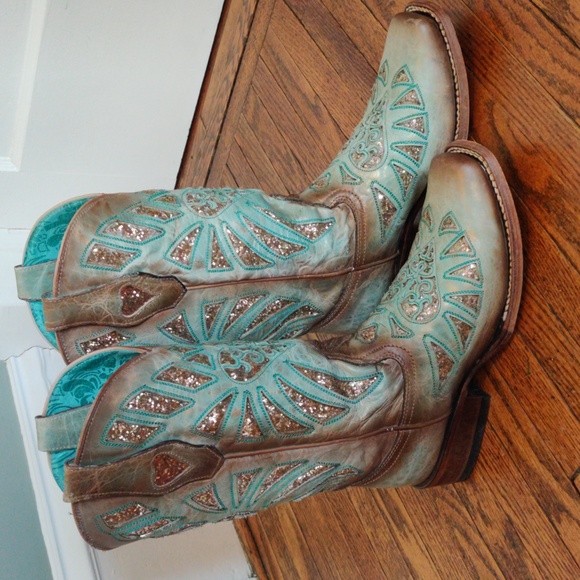 Corral Mint Turquoise and Gold Glitter Heart Square Toe Sophie Cowboy Boots - Picture 4 of 7